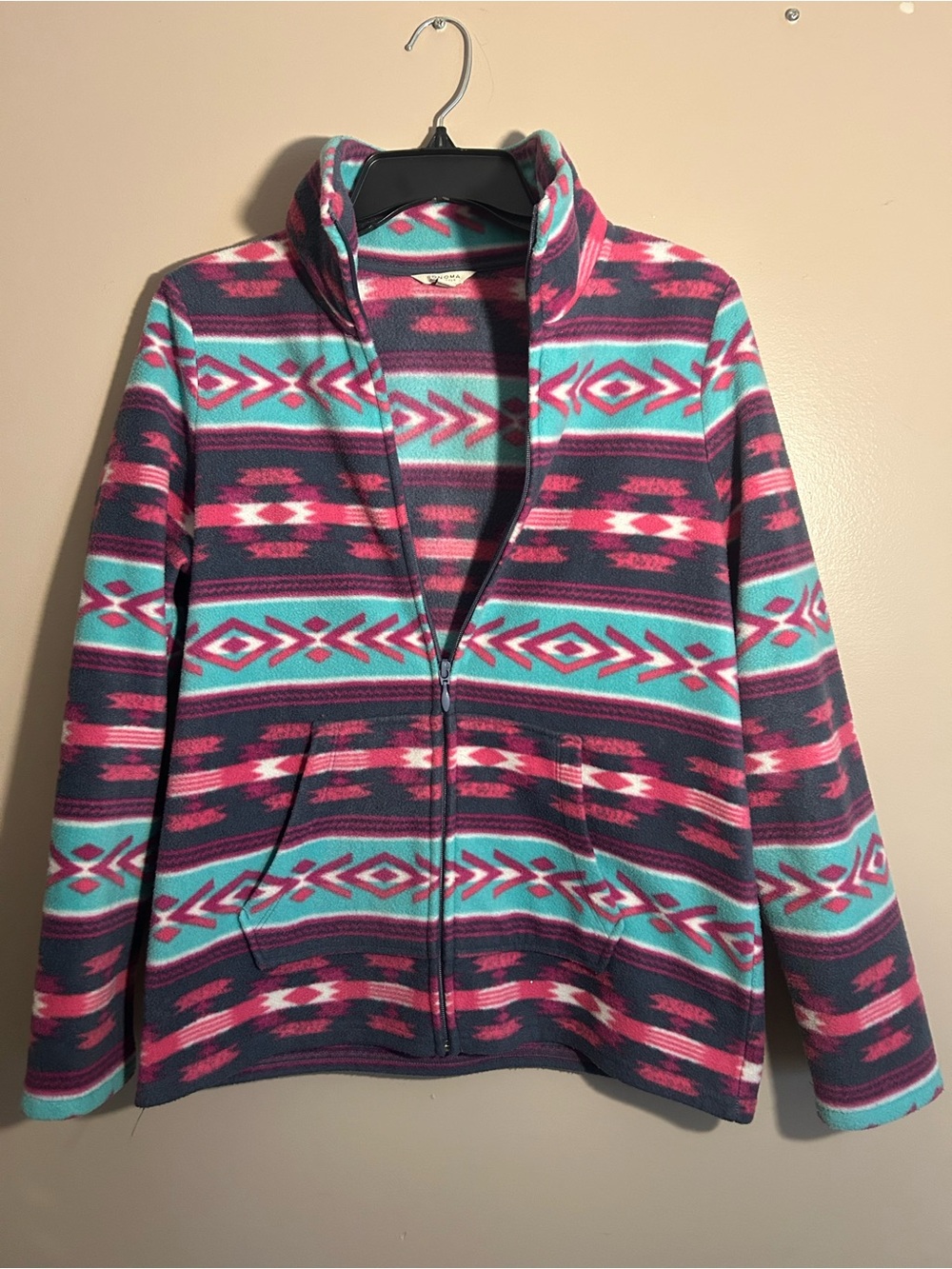 Sonoma Aztec-Pattern Teddy Jacket in Teal, Pink & Navy